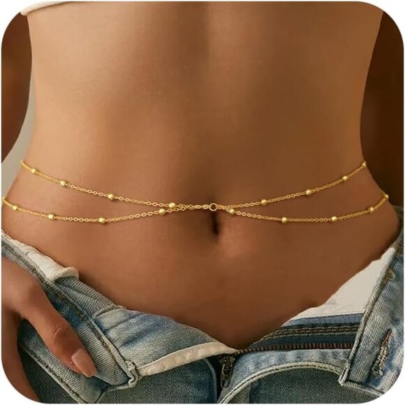 Gold Waist Chain for Women, 14K Gold Plated Layered Belly Chain